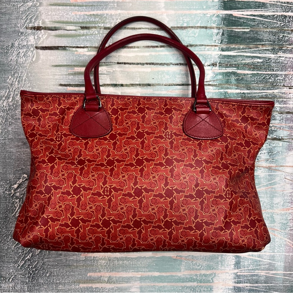 Céline Vintage Le Horse Carriage Saluki Monogram Tote Orange Red Tone & Silver